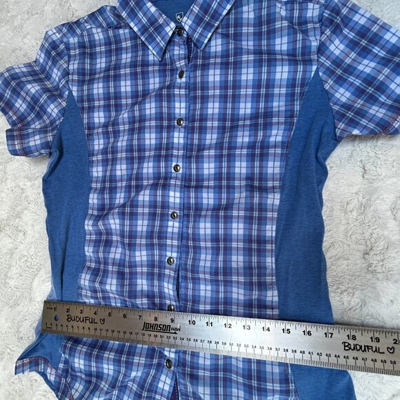 Kuhl Women's Medium Suono Button Front Shirt Plaid Short Sleeve Top Blue Casual - Picture 9 of 9